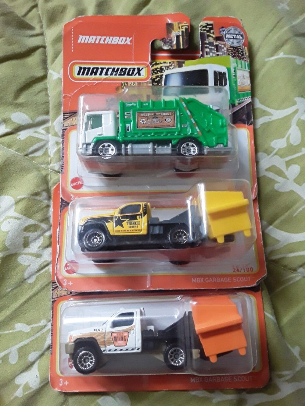 3 PC HOT WHEELS MBX GARBAGE SCOUT AND A GARBAGE KING TOY CARS YELLOW TRUCK